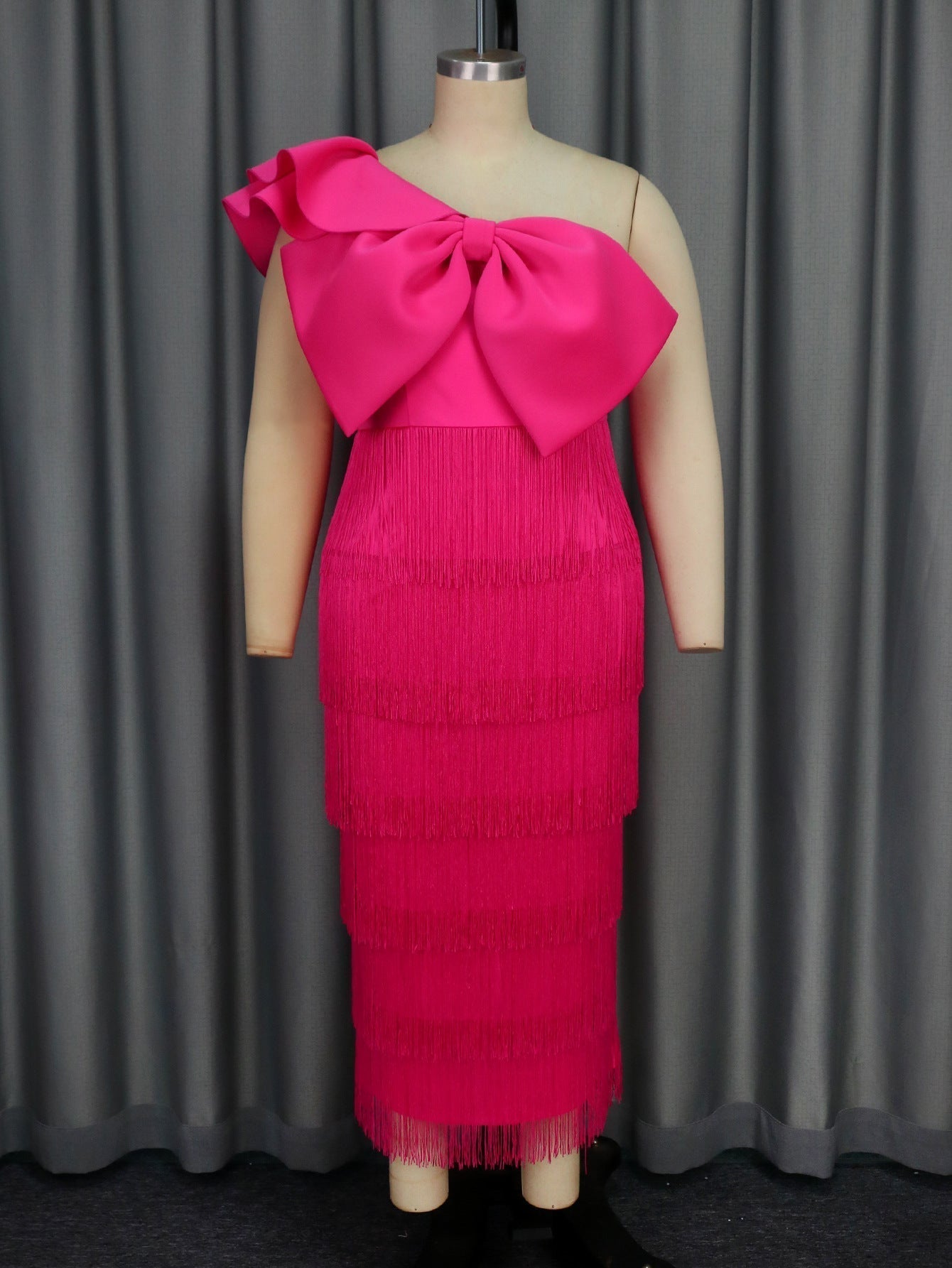 Refined Solid Color Sheath Tassel Dress Party Cocktail Diagonal Collar Big Bow Dress