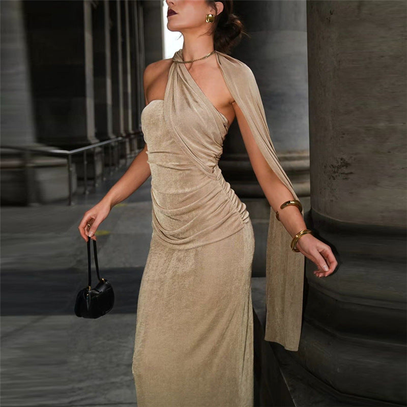 Fit Slim Backless Tube Top Ribbon Halter Pleated Solid Color Maxi Dress Evening Dress