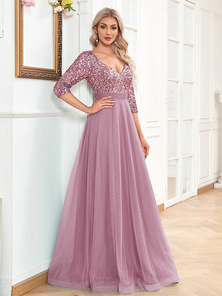 V neck Short Sleeve Sequined Tulle A line Floor Graceful Prom Evening Party Dress