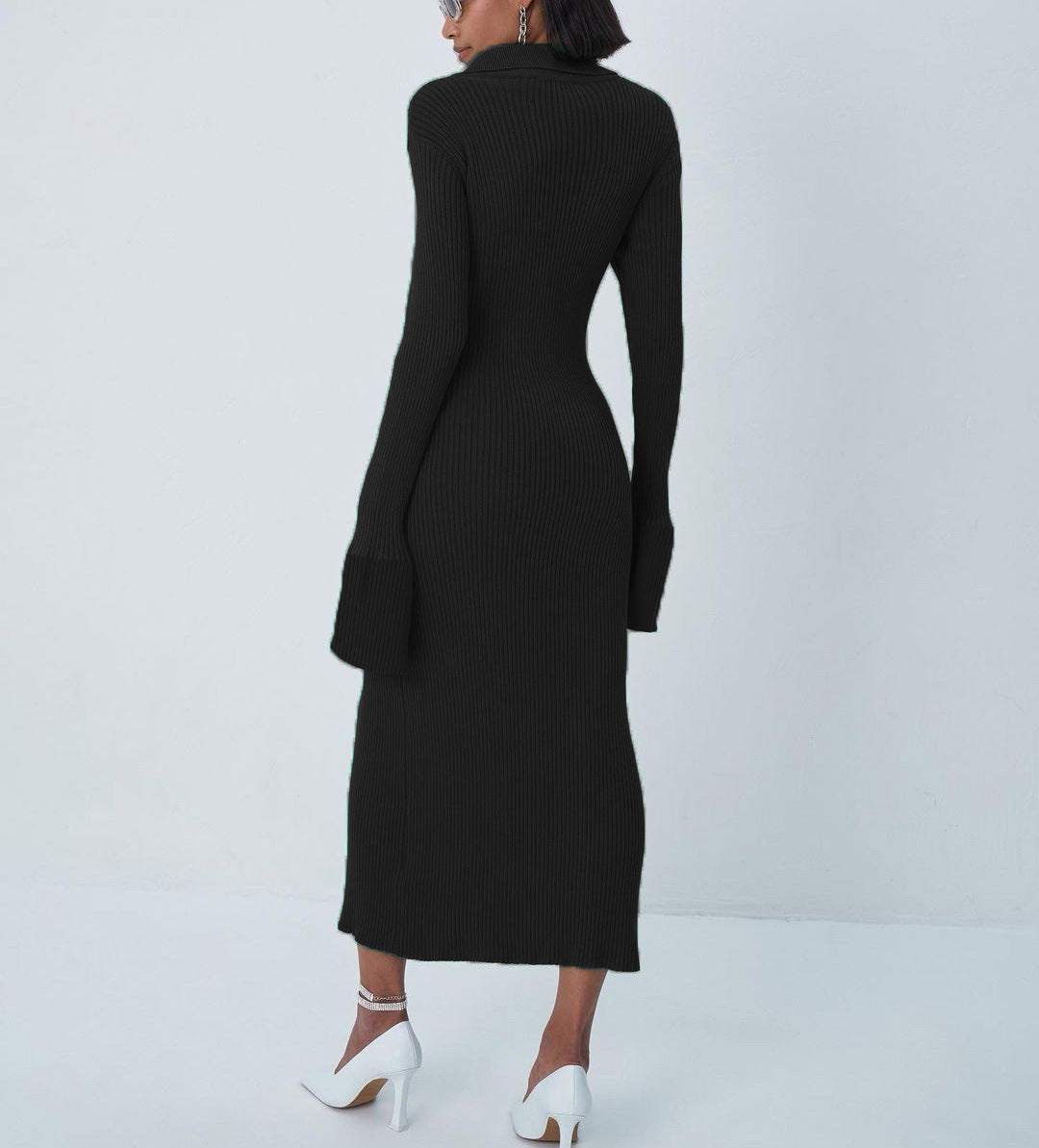Cotton Praia Blend Ribbed Button Down Midi Dress Black FINAL
