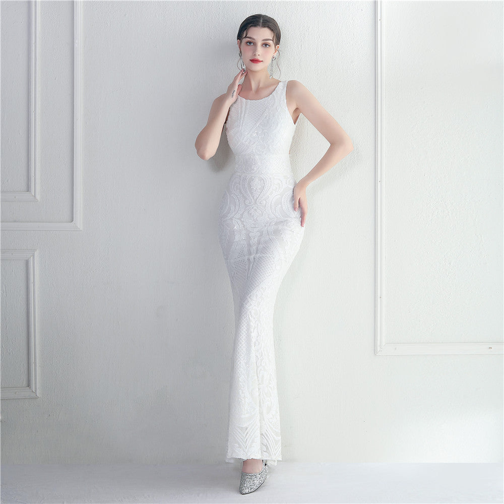 Bare Back Beaded Craft Sequined Embroidery Stage Concert Car Model Cocktail Wedding Ceremony Extended Evening Dress