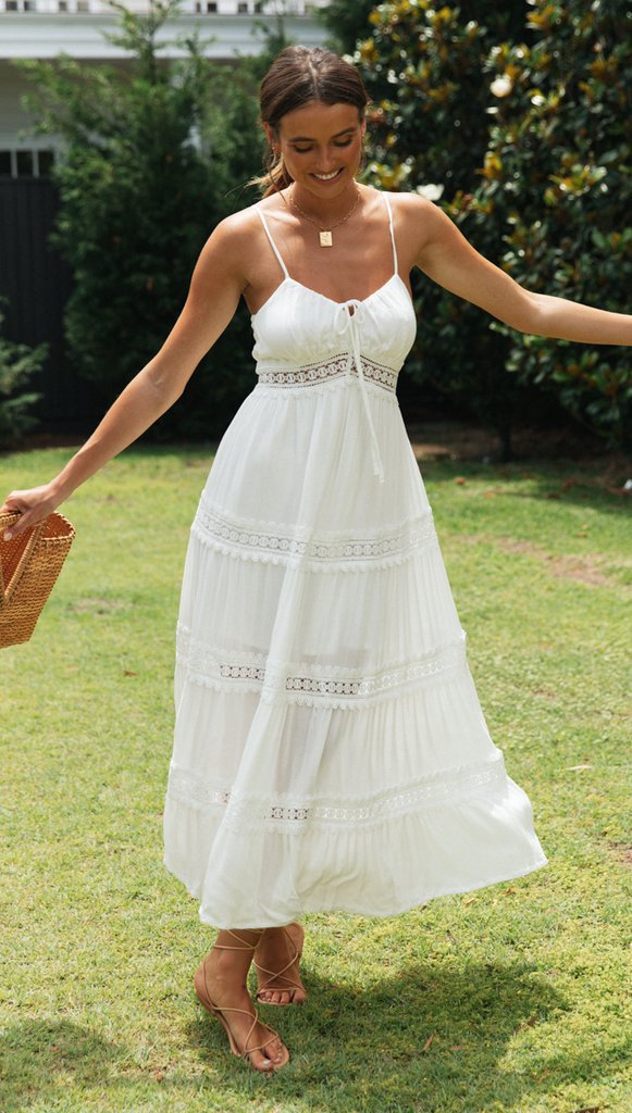 Light Desert Crochet Lace Tiered Midi Dress