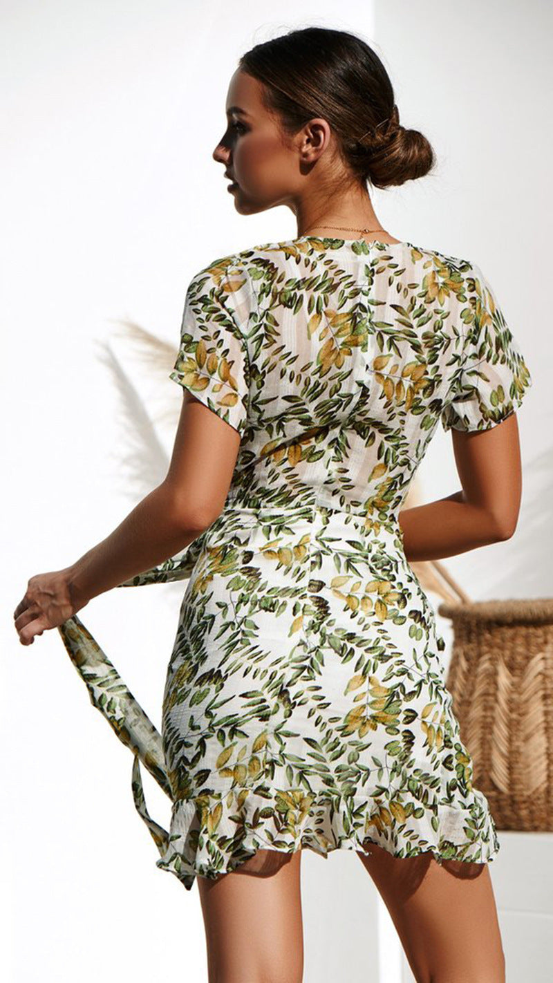V Deep Neck Short Sleeve Printed Mini Dress