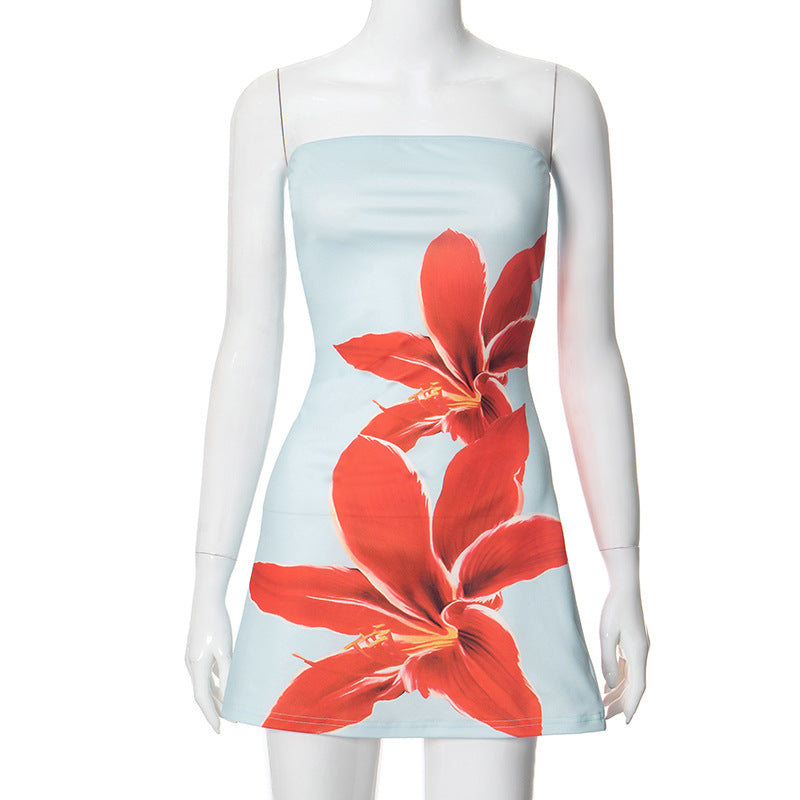 Claudia Chic Women's Bandeau Mini Dress with Bloom Print and Figure Hugging Cut Premium Wardrobe Essential