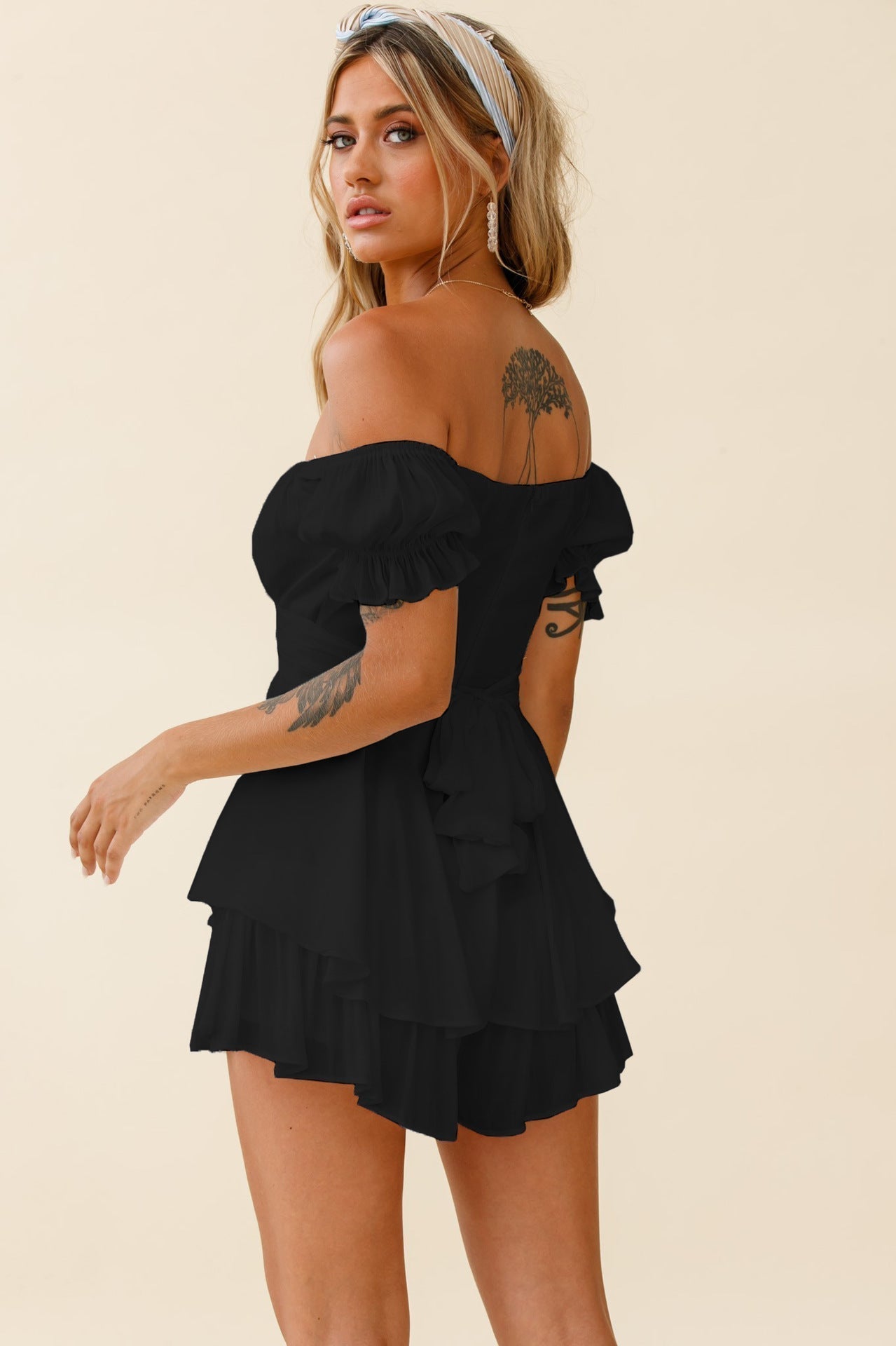 Smocked Mahoney Ruffle Mini Dress Black