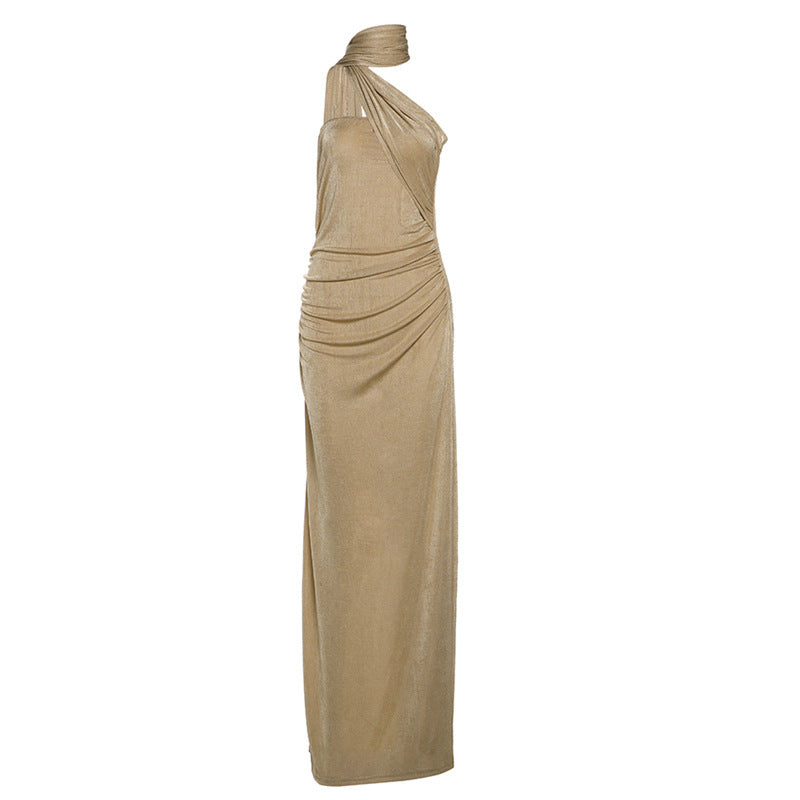 Fit Slim Backless Tube Top Ribbon Halter Pleated Solid Color Maxi Dress Evening Dress
