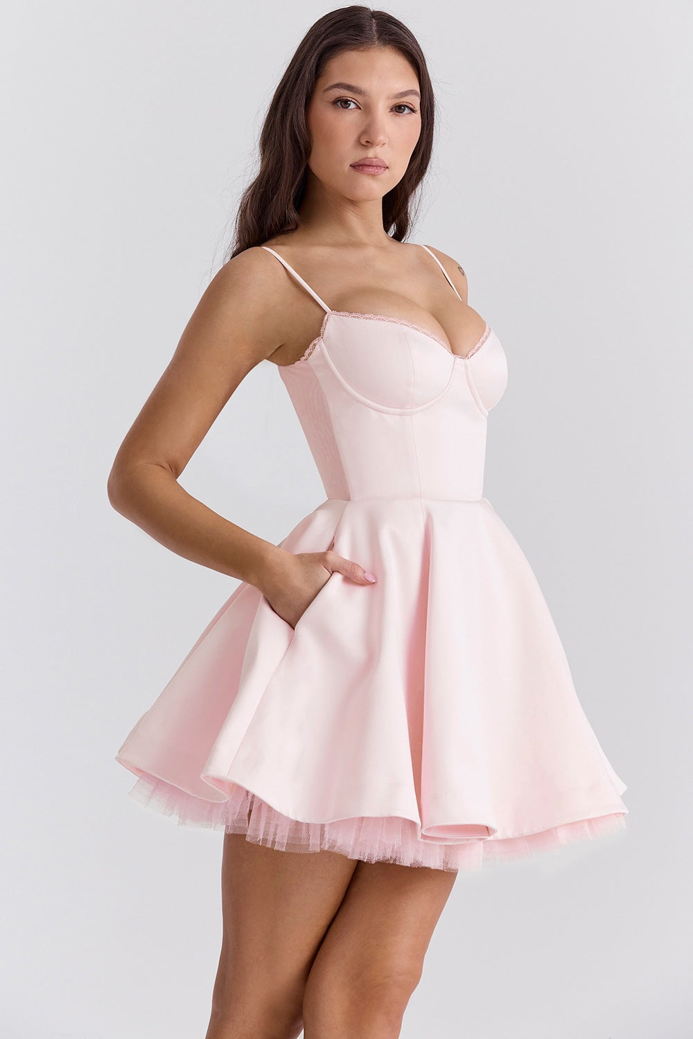 Sweetheart Satin Lace Trim Tulle Mini Dress