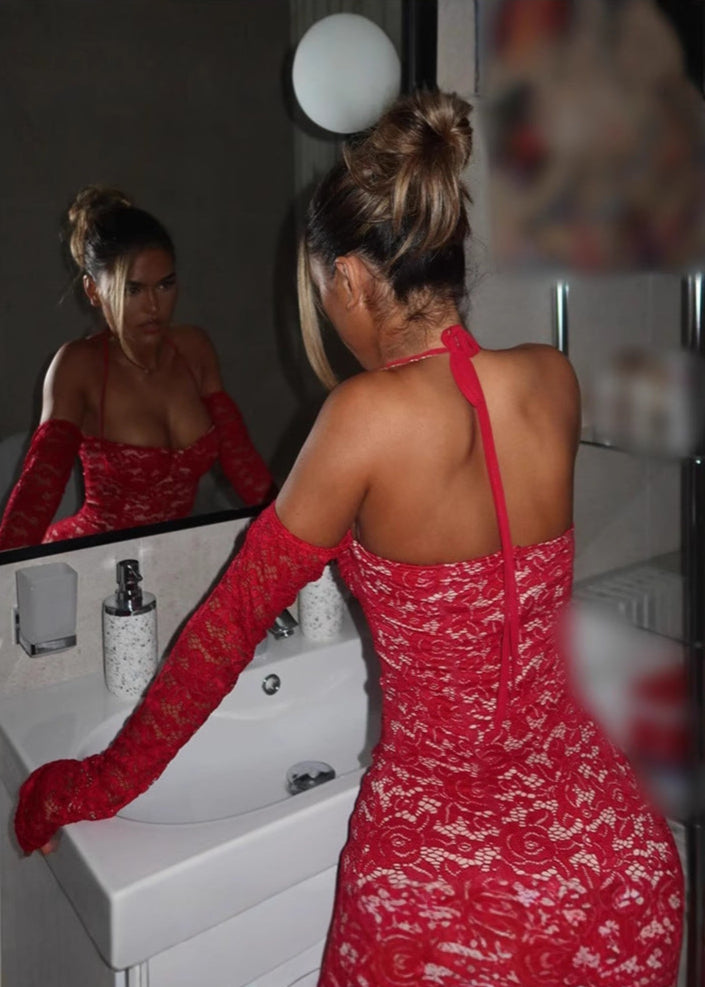 Desire Scarlet Lace Halter Mini Dress