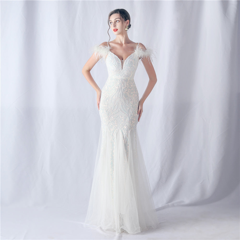 Ostrich Feather Craft Mesh Positioning Flower Sequin Annual Meeting Wedding Evening Dress