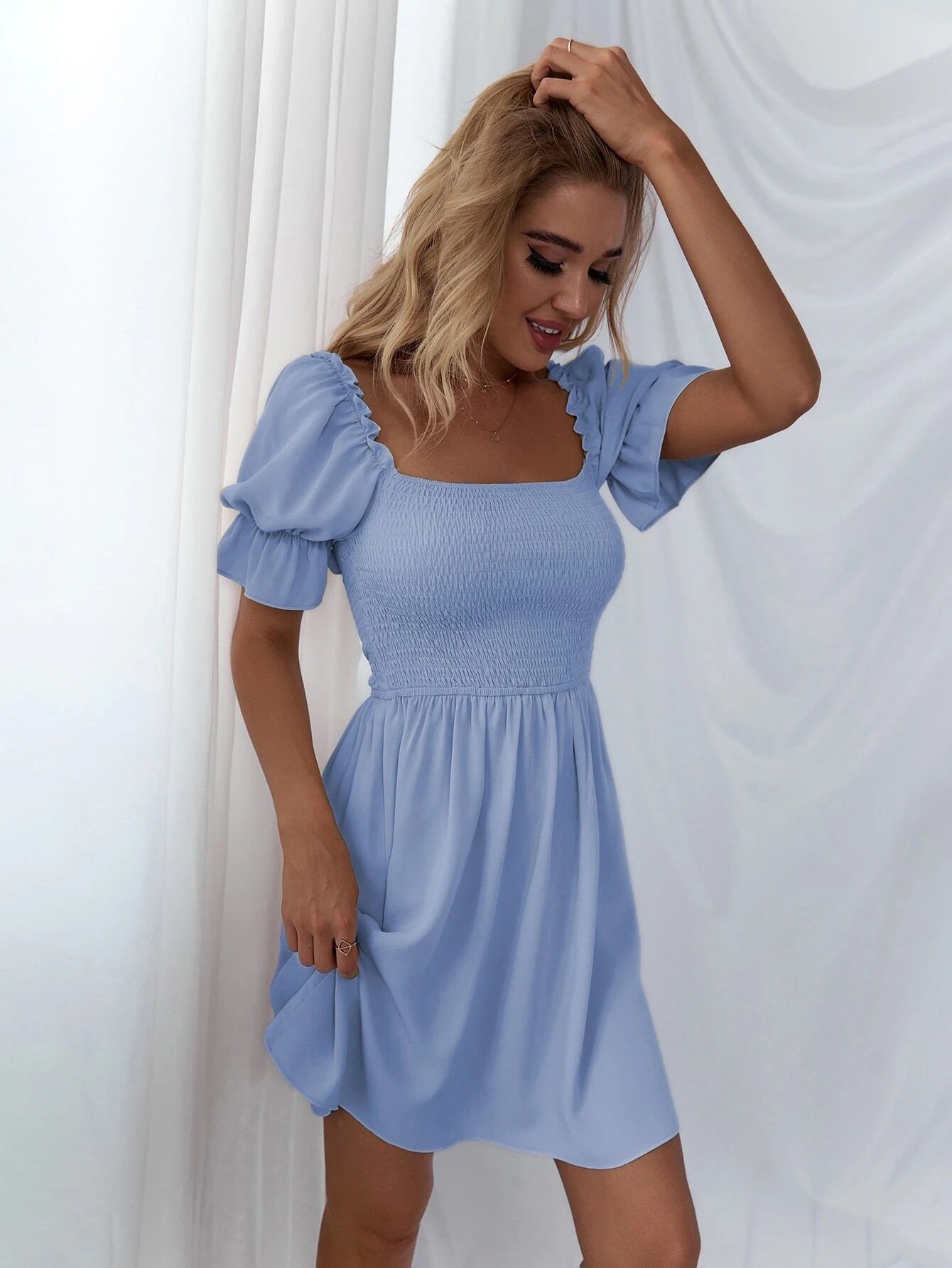 Linen Leroy Blend Puff Sleeve Babydoll Dress Aqua