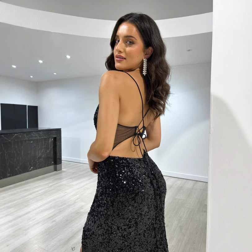 Sequined Split Chic Sling Dress Waist Controlled Cocktail Dress Slim Fit Maxi Dress