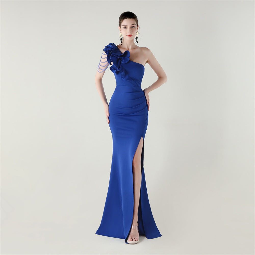 One Shoulder Craft Beading Wave Flower Satin High Slit Sexy Evening Dress Dinner Party Wedding Social