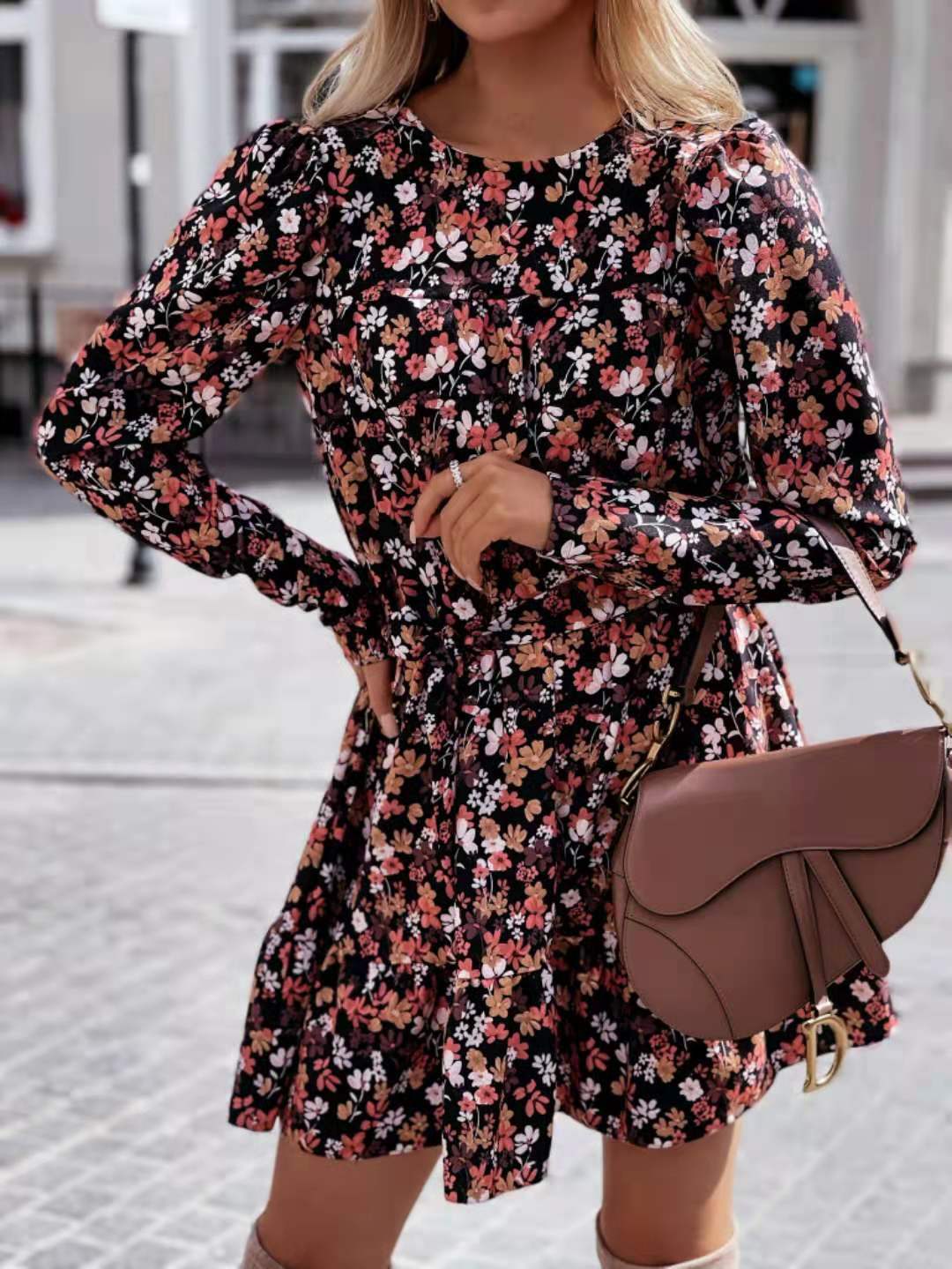 Foster Satin Botanical Keyhole Dress