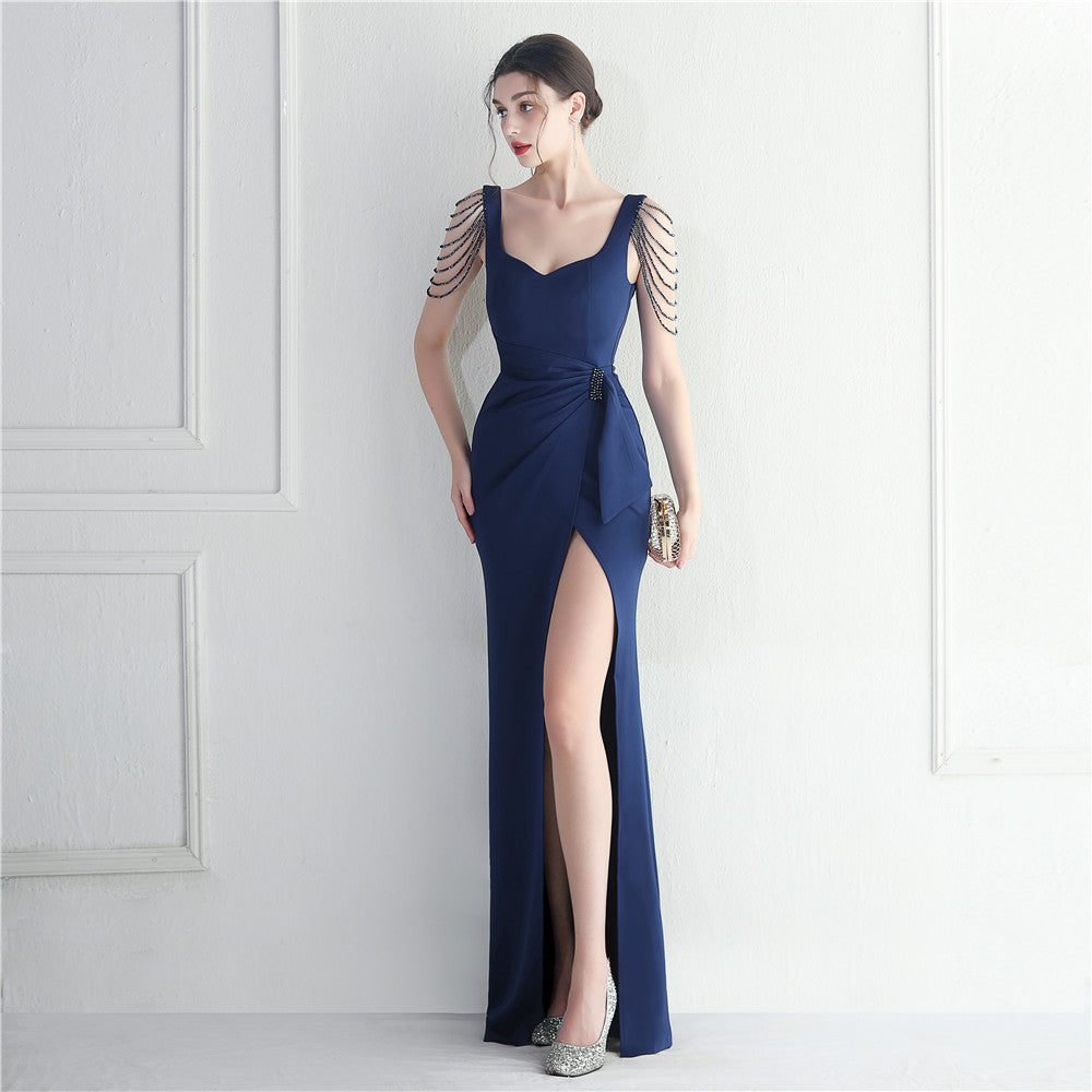 Craft Beaded Car Model Bridesmaid Performance Wedding Extended Slit Evening Dress