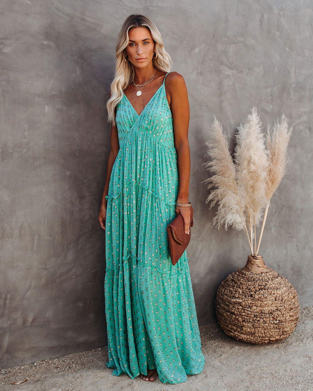 Odessa Metallic Detailed Maxi Dress Teal