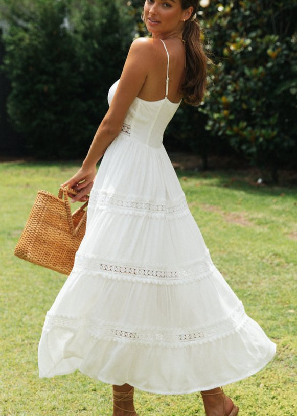 Lace Aurelia Trim Maxi Dress White Smocked Sundress with Adjustable Straps