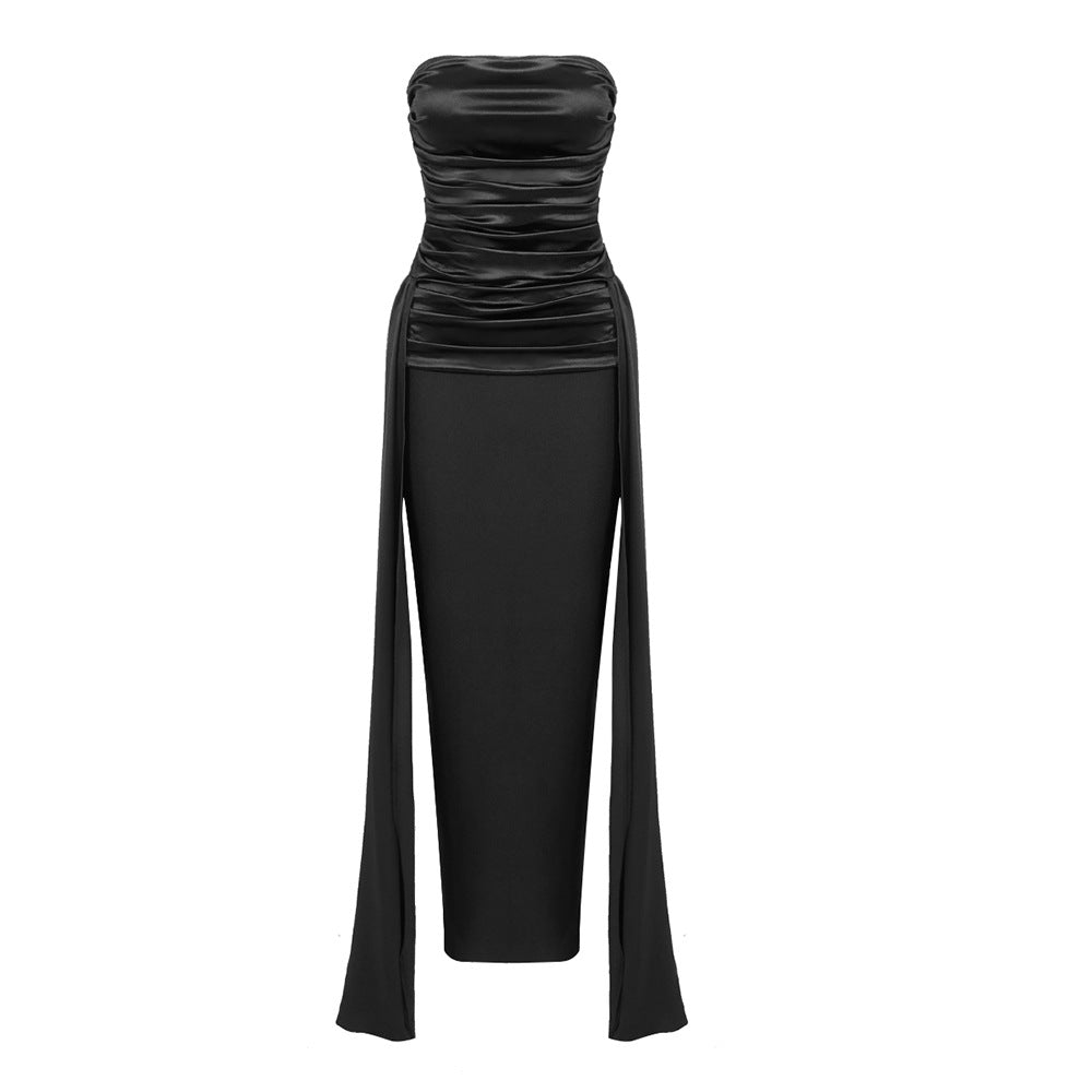 Tube Black Top Pleated Ribbon Dress Dress