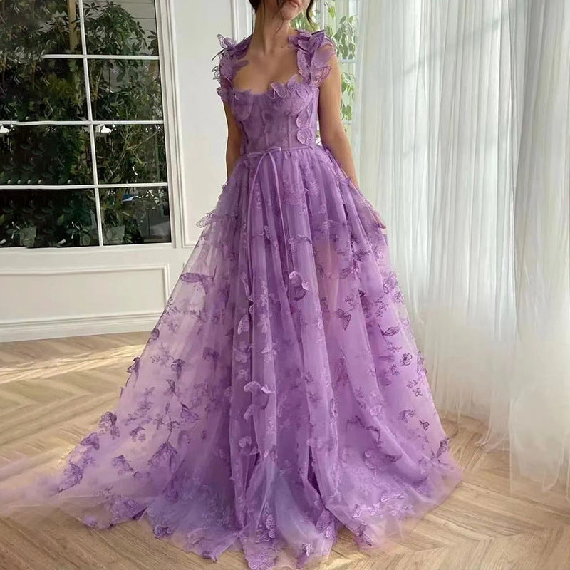 Women Wedding Dress Tulle Spaghetti Straps Sleeveless High Slit Bridal Celebration Beach Dress