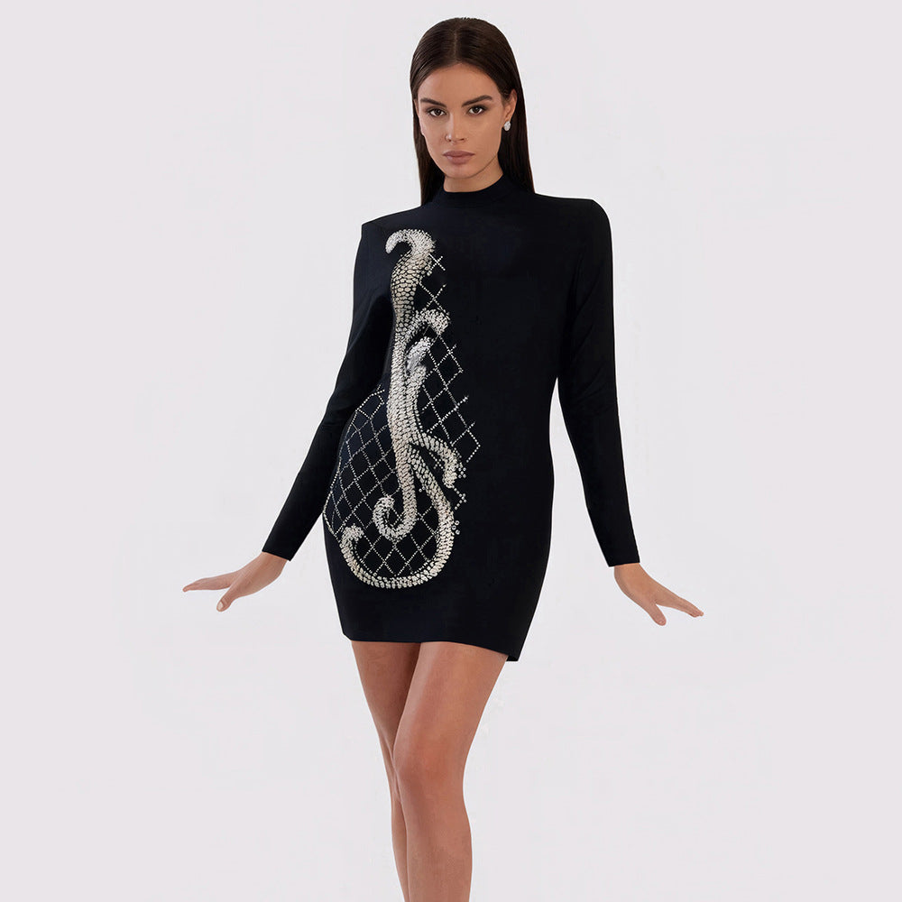 Embroidery Heavy Drilling Long Sleeve Bandage Dress Slimming Hip Wrapped Dinner Party Dress