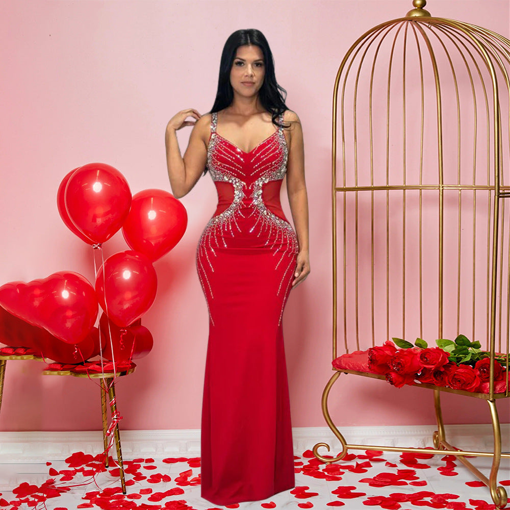 neck V Brace Maxi Dress Slim Fit Rhinestone Sheath Dress