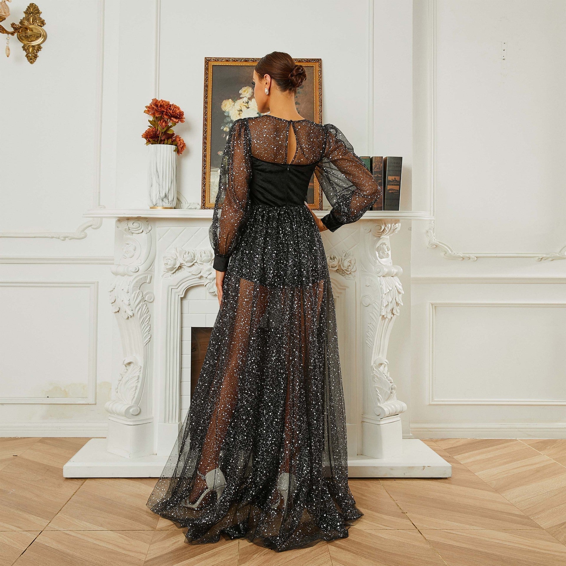Sleeved Long round Neck Cocktail Sequin Gauze Large Swing Evening Dress Bridesmaid