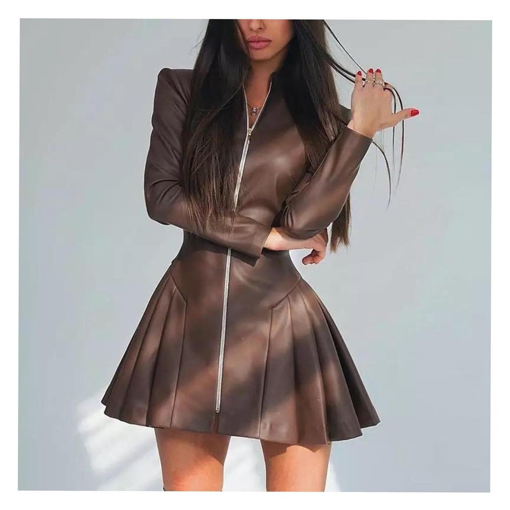 Fitted Fashionable Long Sleeve Pleated Faux Leather Zipper Dress