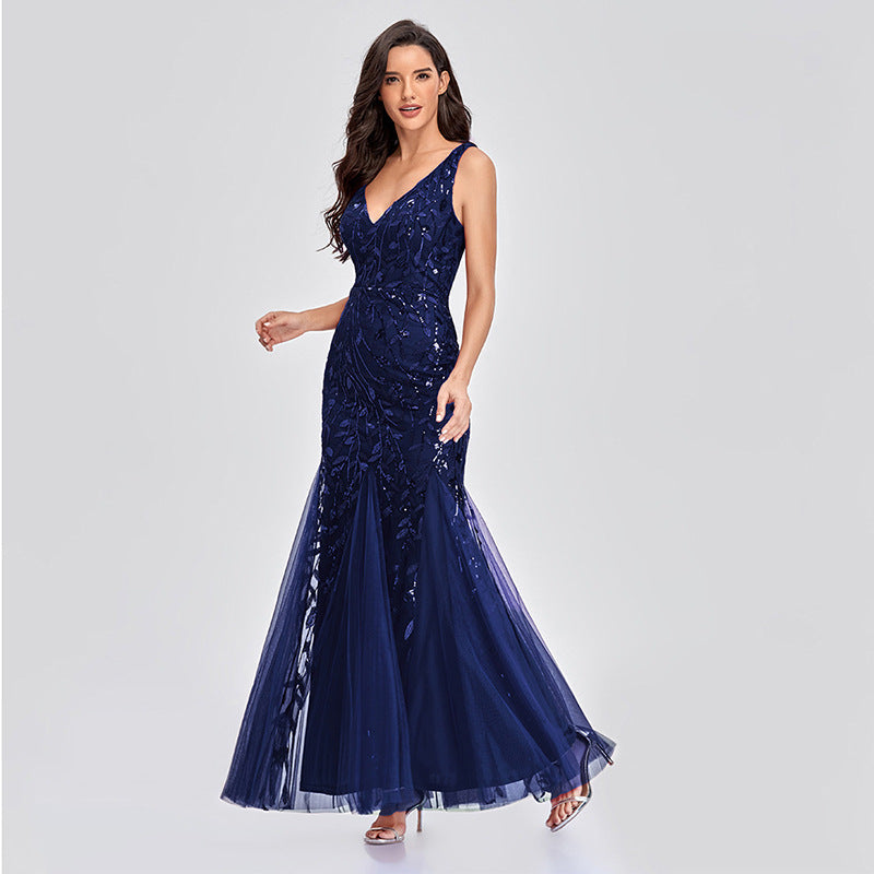 Evening Dress V neck Tulle Embroidered Sequ Sexy Mermaid Prom Dress Women Stylish Dress