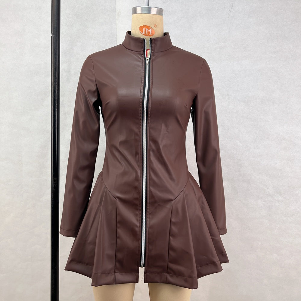Fitted Fashionable Long Sleeve Pleated Faux Leather Zipper Dress