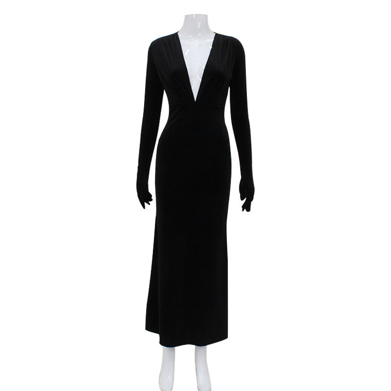 French Deep V Plunge Tight Waist Velvet Light Upscale Dress Fishtail Sheath Dress with Gloves