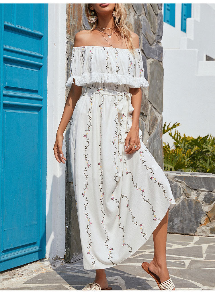 Embroidered Villa Off The Shoulder Chiffon Midi Dress