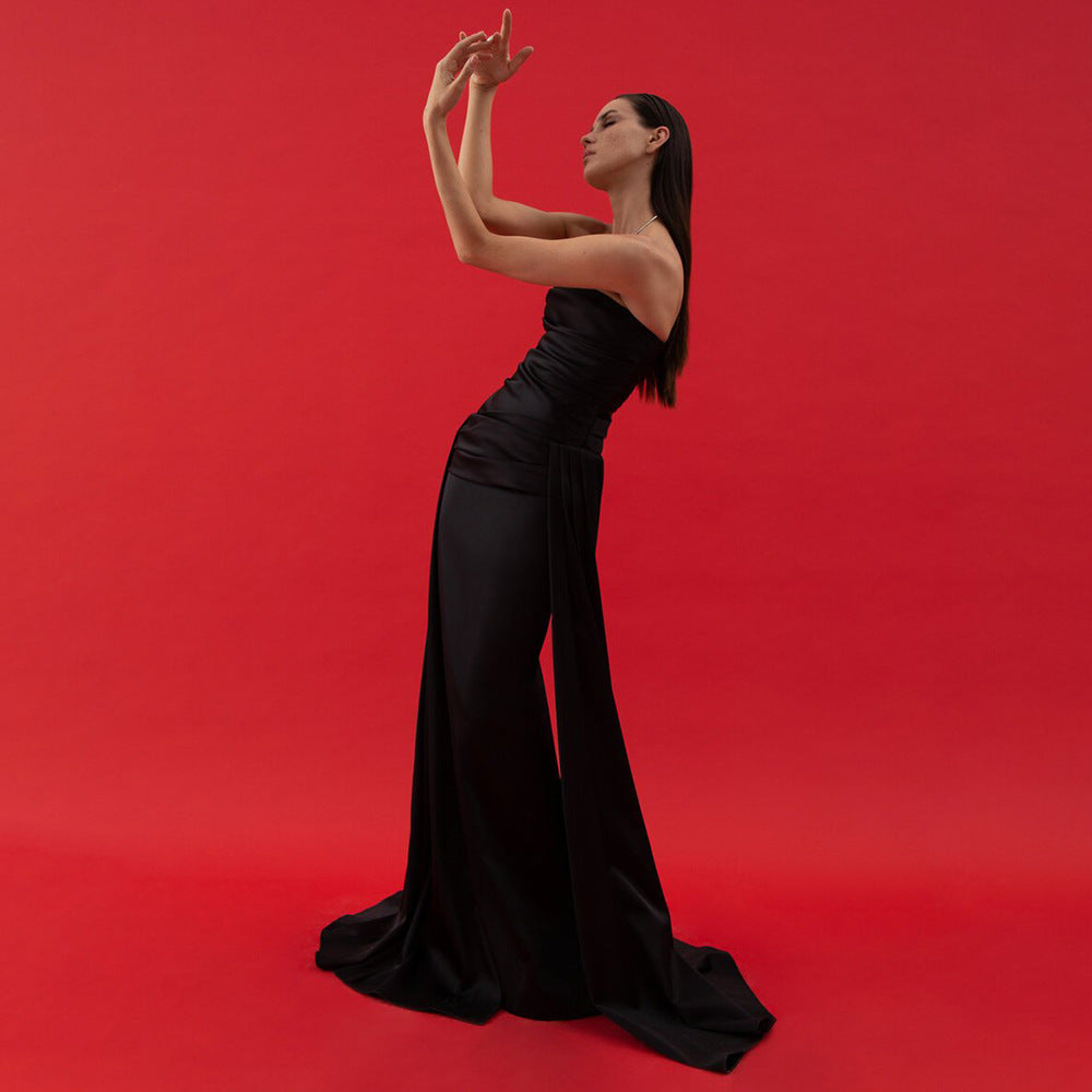 Tube Black Top Pleated Ribbon Dress Dress