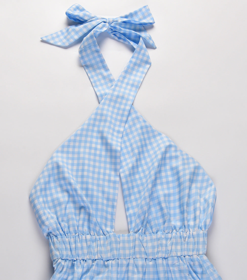 Cotton Pom Gingham Halter Midi Dress