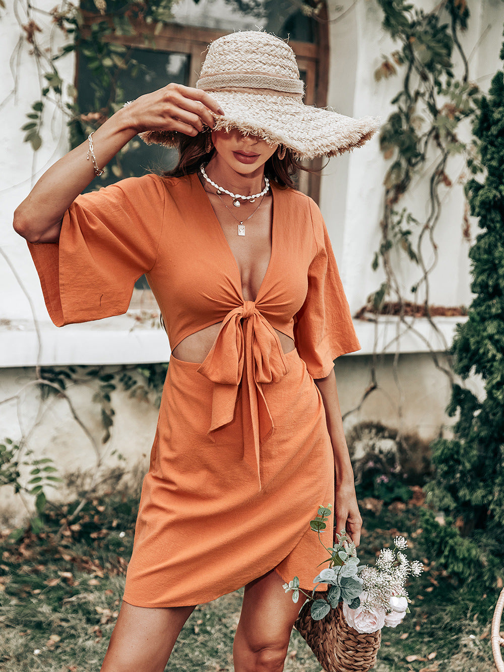 Linen Jenner Blend Tie Front Cutout Midi Dress Orange