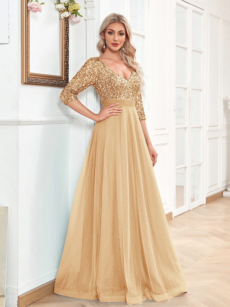 V neck Short Sleeve Sequined Tulle A line Floor Graceful Prom Evening Party Dress