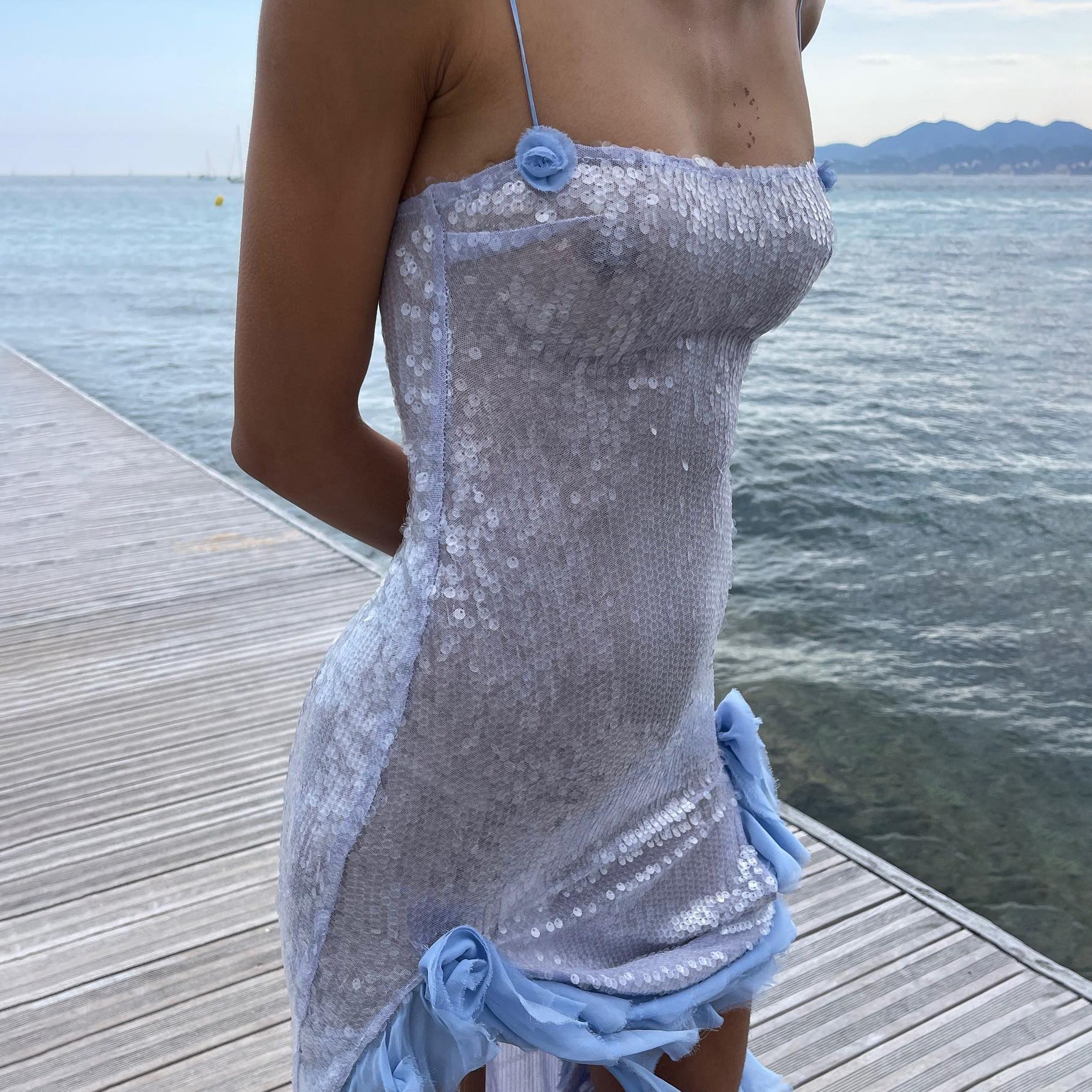 Evening Dress Sexy See through Maxi Dress Sequined Stringy Selvedge Dress Three Dimensional Flower Frayed Dress