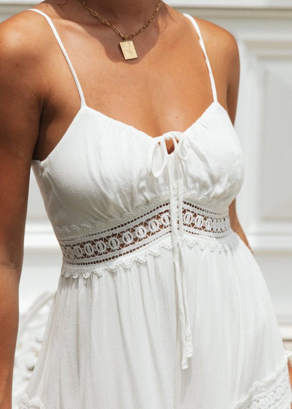 Lace-Trim Aurelia Maxi Dress White Smocked Sundress with Adjustable Straps