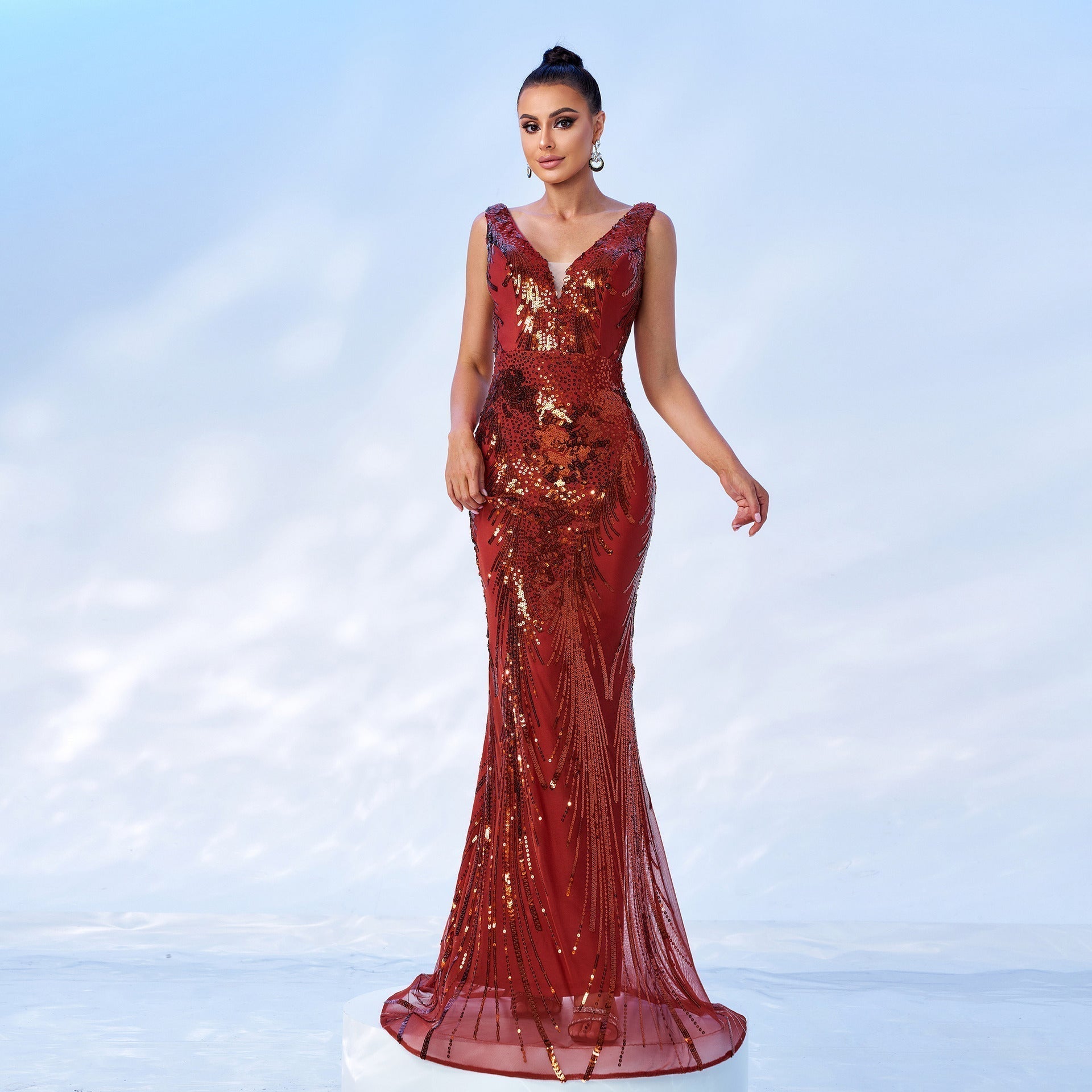 Strap Refined V neck Long Sequined Cocktail Fishtail Evening Dress Bridesmaid Dress
