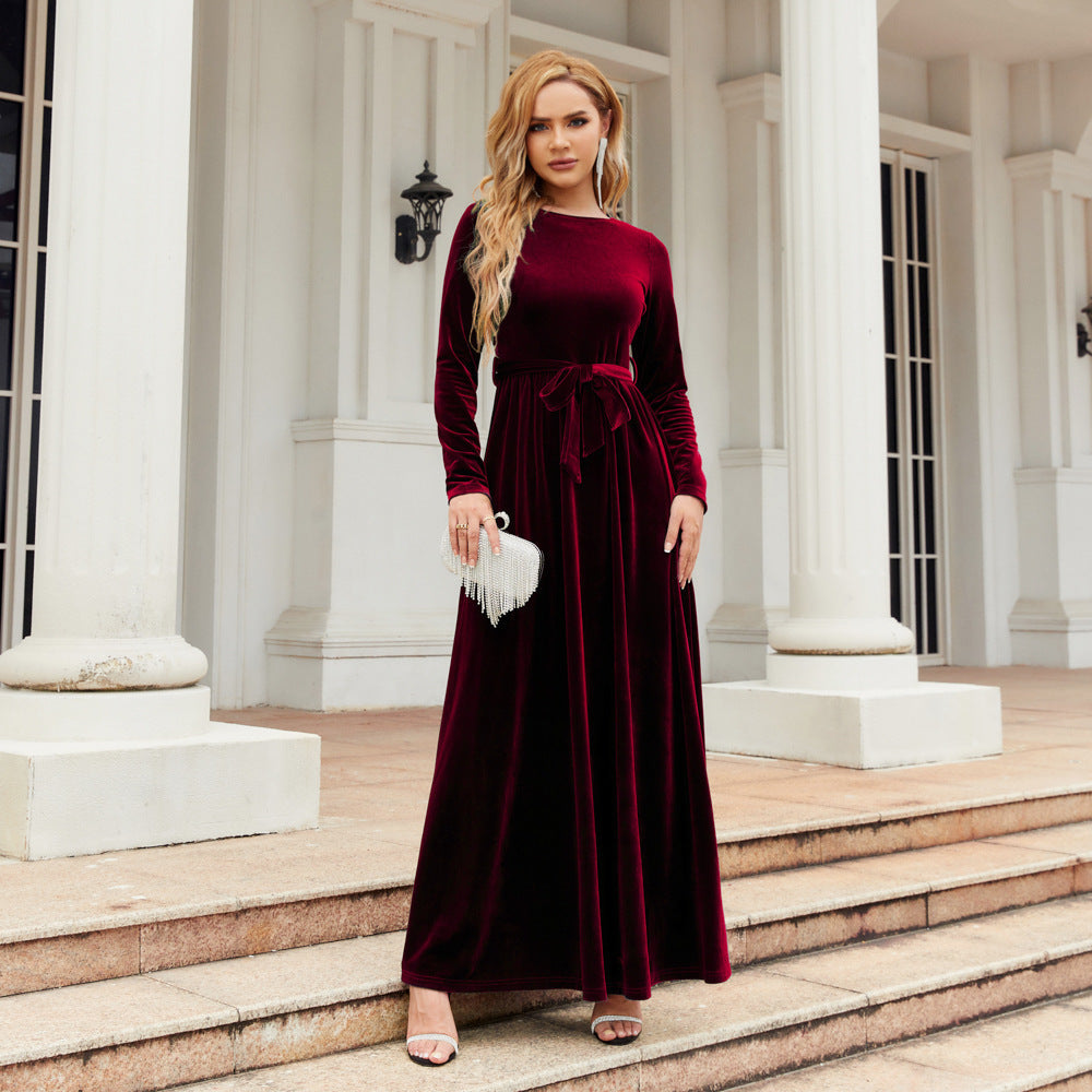 Autumn Winter Refined Graceful Socialite Maxi Dress Gold Velvet Solid Color High Grade Dress