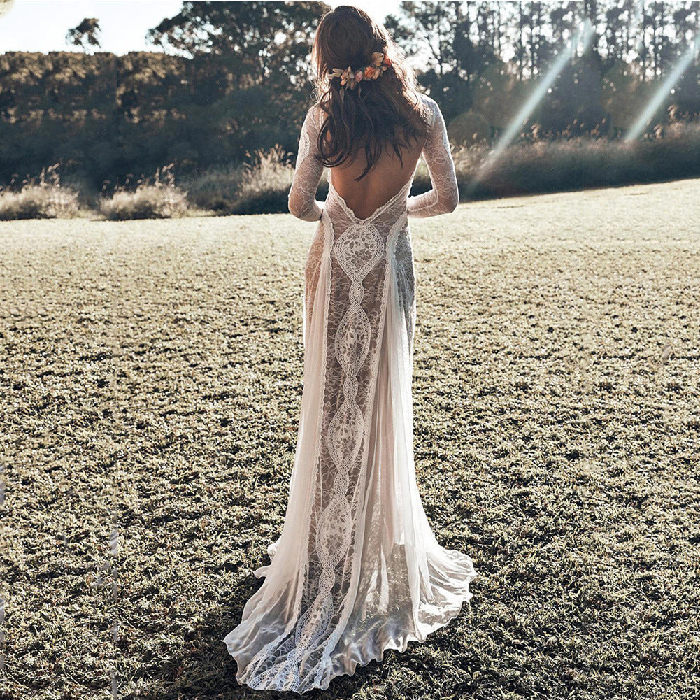 Spring Women Clothing Dress round Neck Extended Sleeve Hollow Out Cutout Backless Lace Ladies Cocktail Wedding Dress