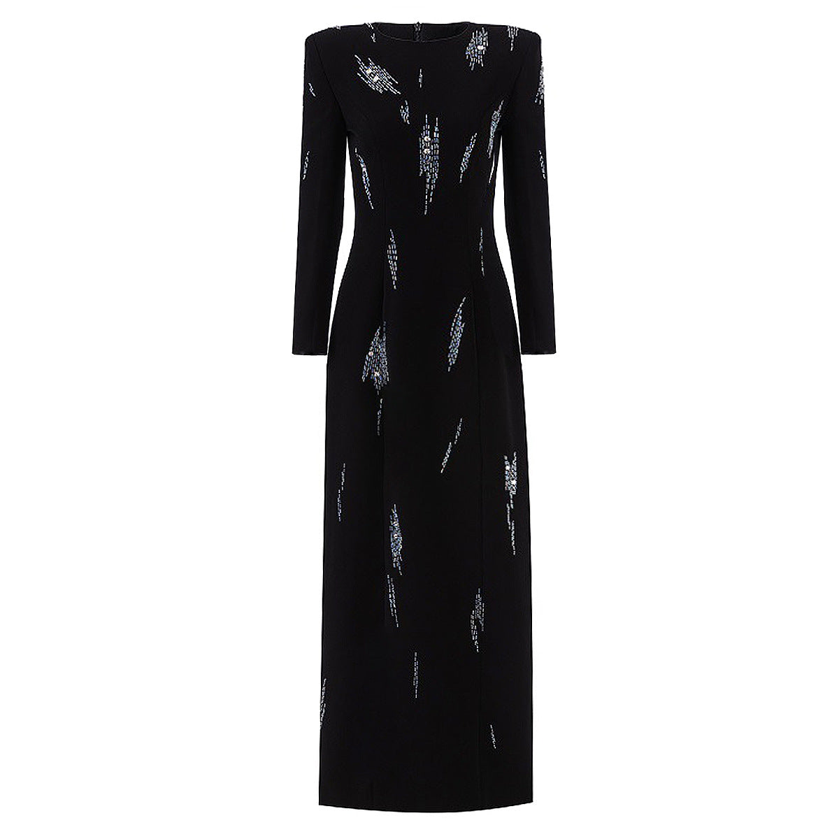 Spring Autumn round Neck Waist Slimming Bead Long Long-Sleeved Maxi Dress Women
