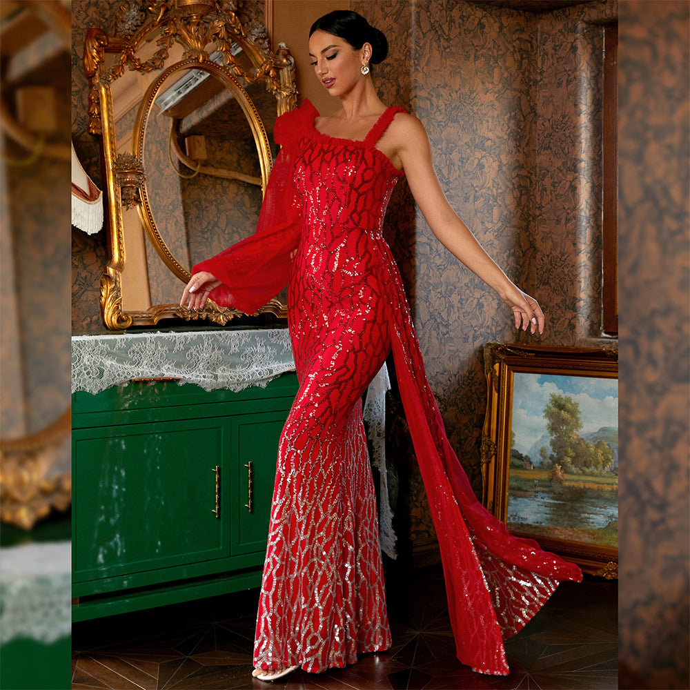 Refined Sexy Long Sequined Long Sleeve Diagonal Collar Backless Cocktail Evening Dress Bridesmaid Bodycon Maxi Dress Women