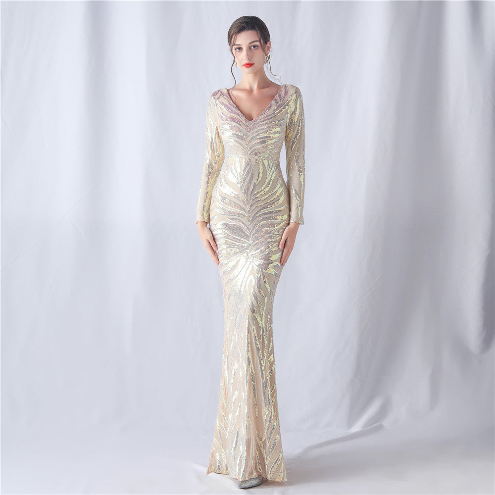 Positioning Flower Cutting Craft Magic Color Sequin Annual Meeting Wedding Long Sleeve Evening Dress
