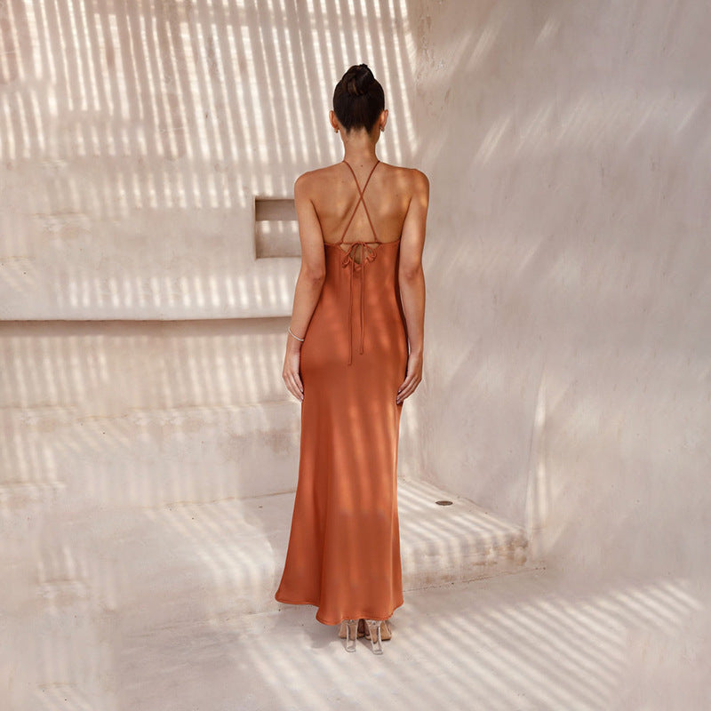 Color Solid Slim Fit Backless Halter Tight Dress