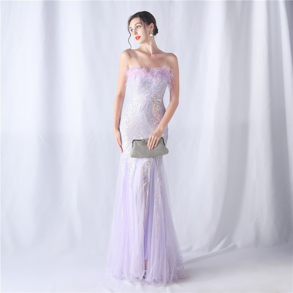 Ostrich Feather Positioning Flower Cutting Wedding Annual Meeting Tube Top Sequin Gauze Evening Dress