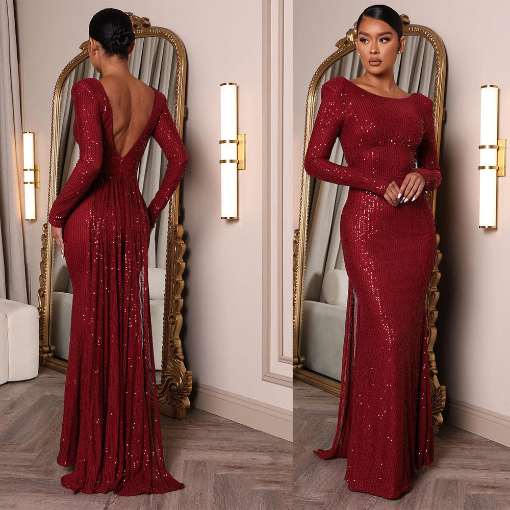 Spring Women Clothing Chic Backless Long Sleeves Slim Fit Slit Cocktail Formal Maxi Dress