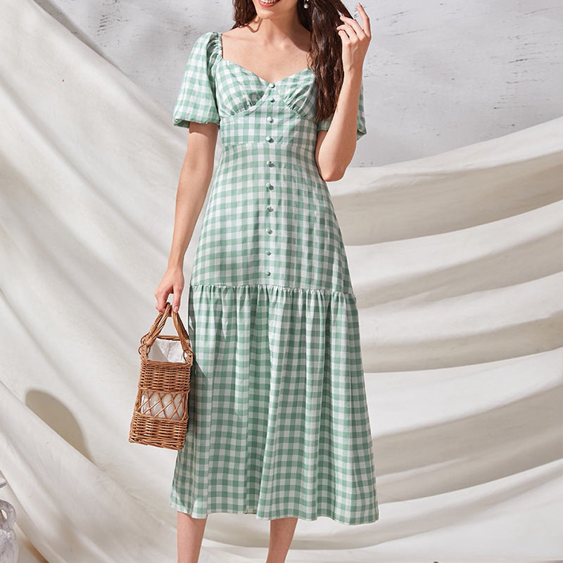 Puff Rye Sleeve Gingham Midi Dress Hunter Green