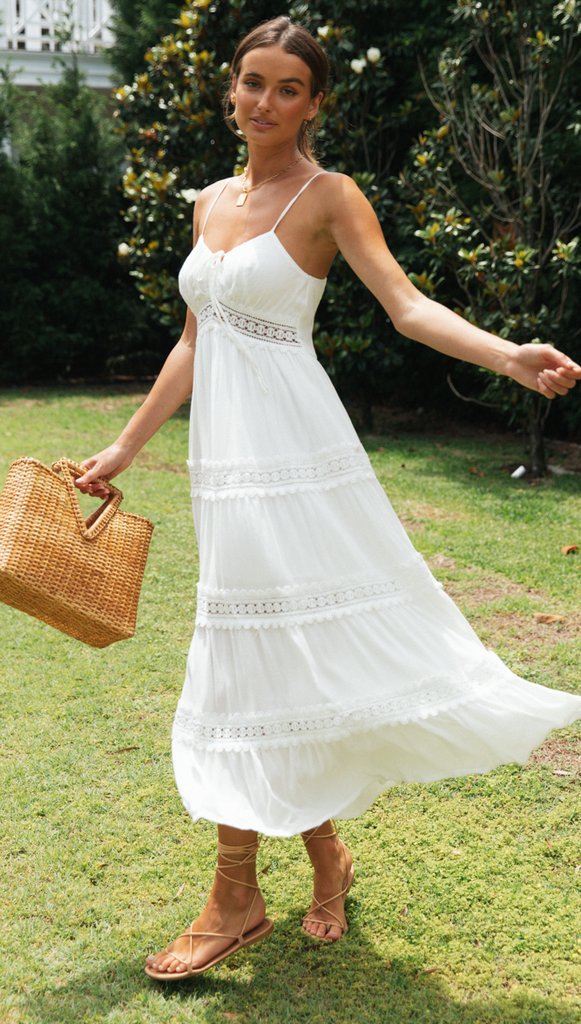 Light Desert Crochet Lace Tiered Midi Dress