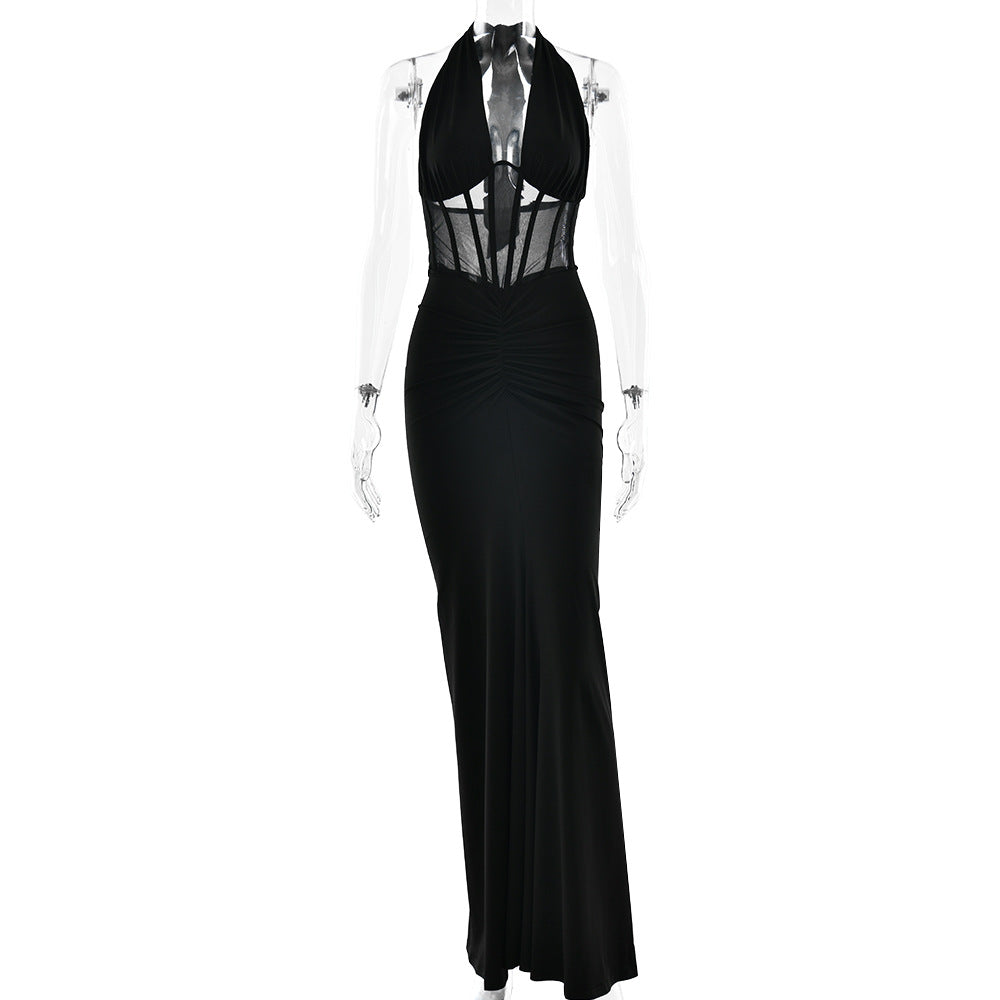 Refined Women Lace up Maxi Dress Sexy Backless Pleated Sheath Dress