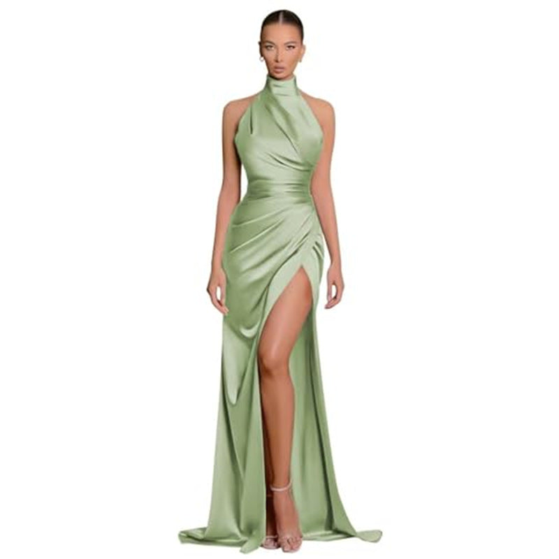 Satin Havyn Asymmetrical Halter Midi Dress Green