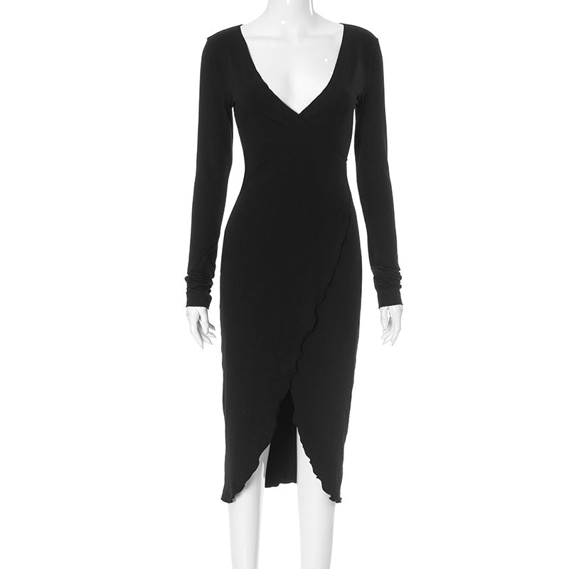 V Deep Plunge Long Sleeve Waist Tight High Slit Dress